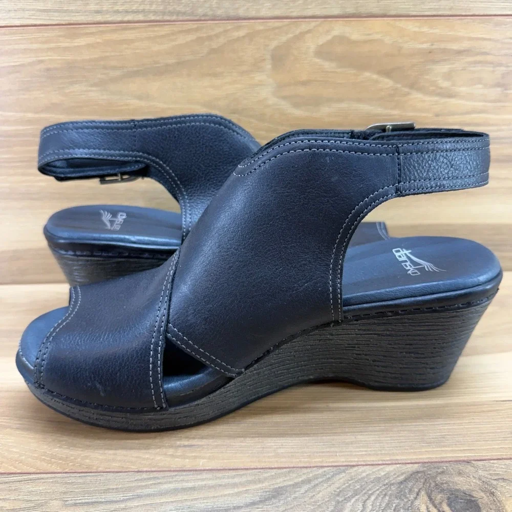 DANSKO Vanda Wedge Sandals Peep Toe 11‎ EU 41 Black Leather Walking Vacation